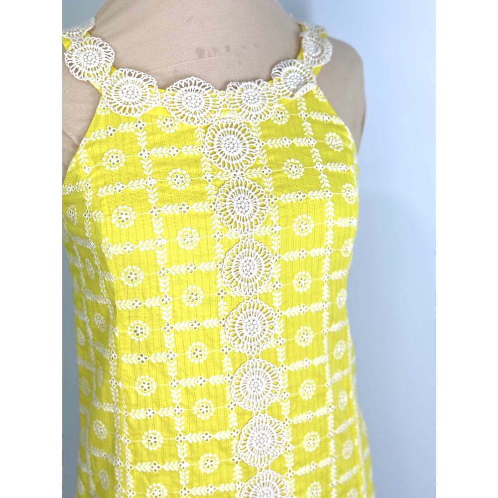 Vintage TIBI yellow eyelet s lace sleeveless shift dress with venise lace trim.
